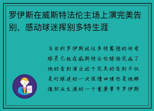 罗伊斯在威斯特法伦主场上演完美告别，感动球迷挥别多特生涯